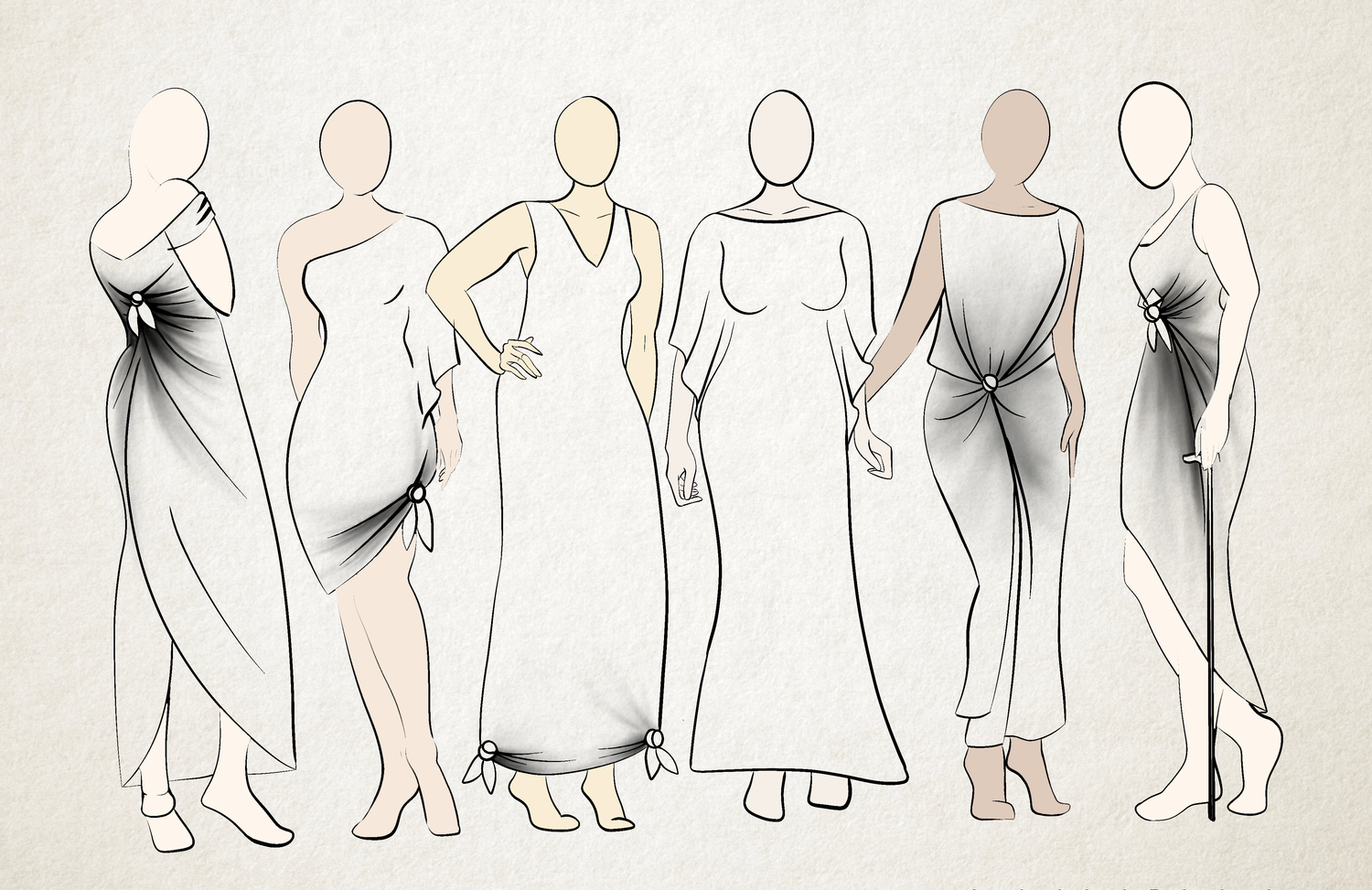 illustration of six women wearing dresses